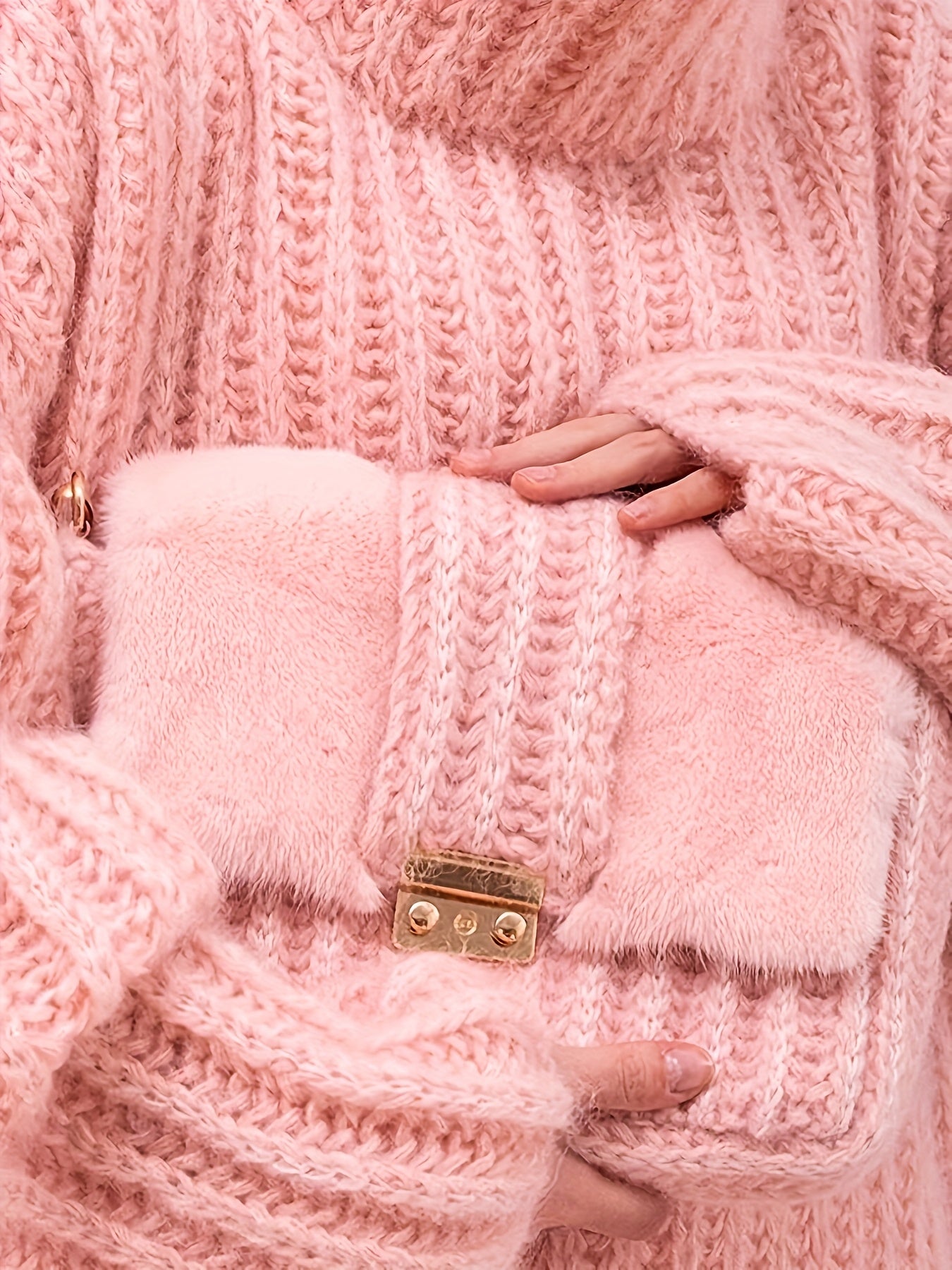 Cozy Pink Sweater with Puff Sleeves and Ribbed Detail