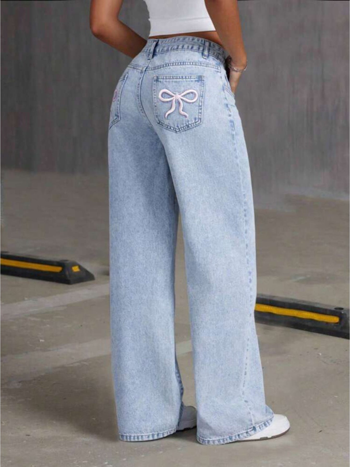 Light Blue High - Waisted Wide - Leg Jeans. Two Styles: Bow Embroidery & Cherry Embroidery