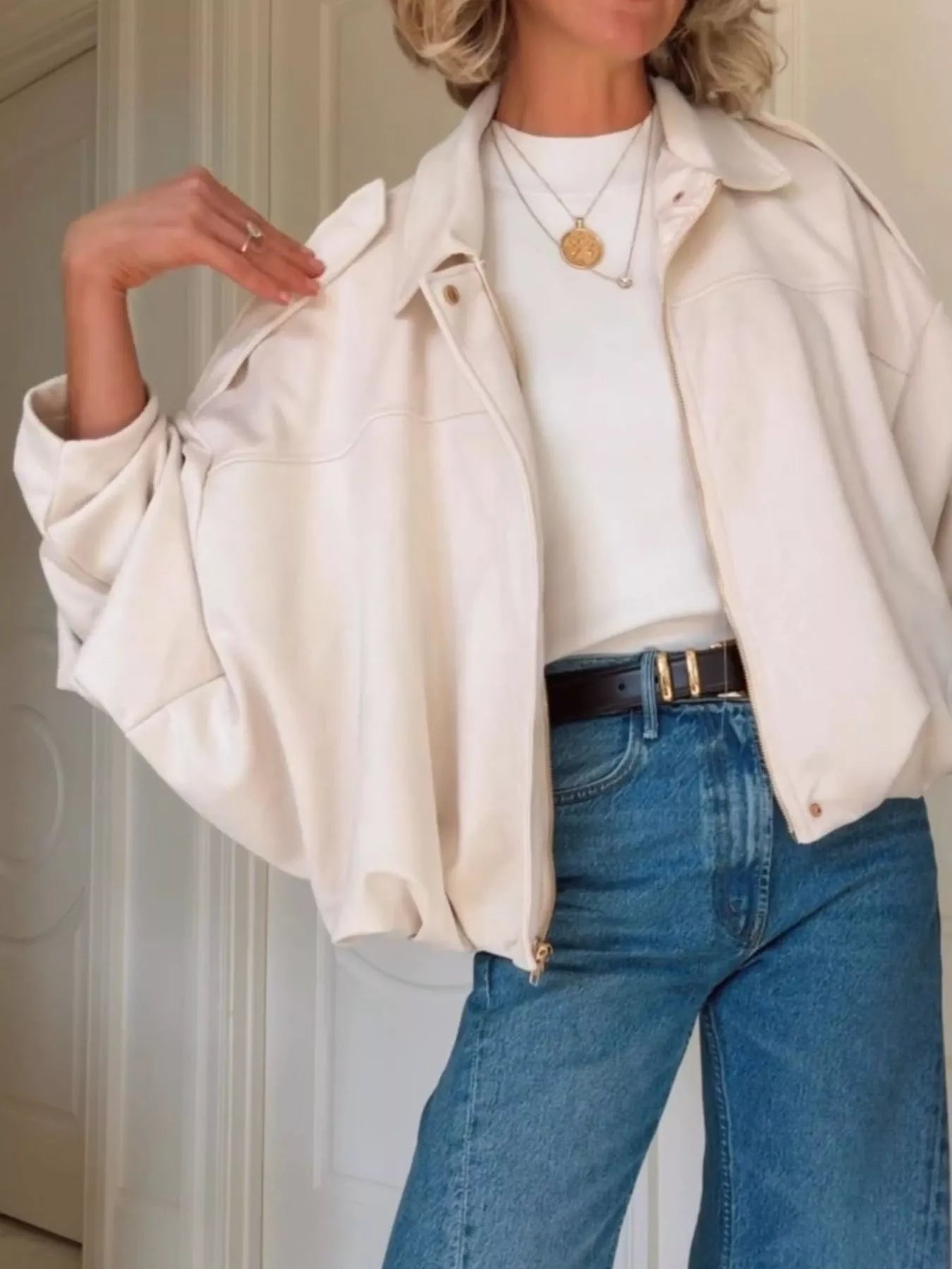 Zip Up Dropped Shoulder Suede Jacket