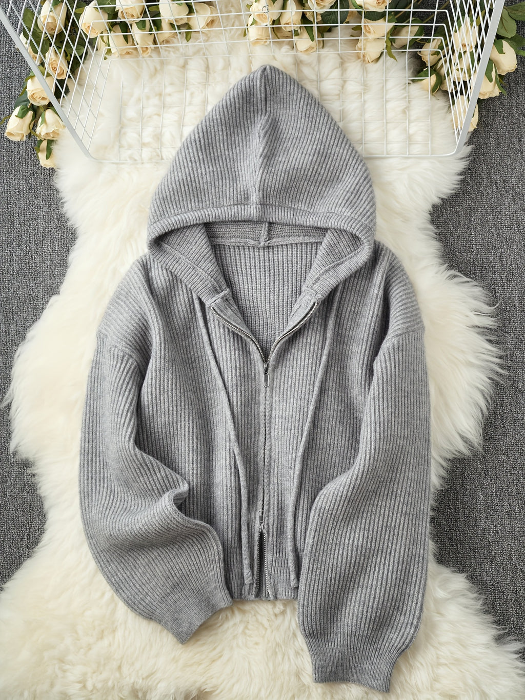 Women's Casual Hooded Cardigan Sweater - Thickened Winter with Double Zipper Front, Ribbed Cuffs & Hem, Medium Stretch, Solid Color for Fall and Winter, Sweater Cardigan