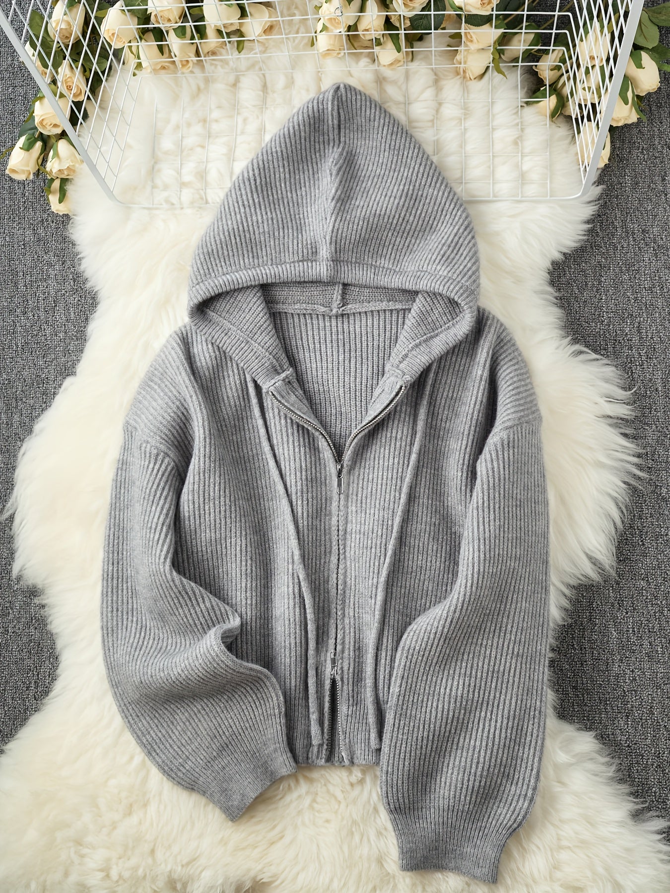 Women's Casual Hooded Cardigan Sweater - Thickened Winter with Double Zipper Front, Ribbed Cuffs & Hem, Medium Stretch, Solid Color for Fall and Winter, Sweater Cardigan