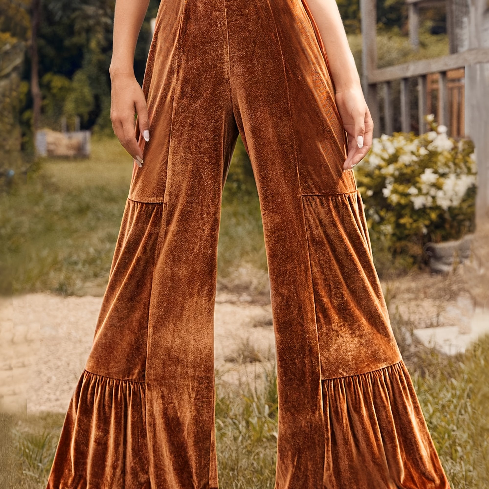 Women's Green Wide-Leg Trousers - High-Waisted Winter Pants with Ruffled Hem, Deep Green Trousers for Fall/Winter, Machine Washable Elegant Stretch Fabric (No Dry Clean) - Casual to Formal Outfits (Office, Party) - Trousers f