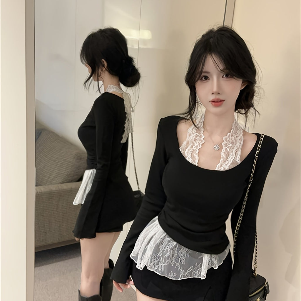 Lace Turtleneck Long-Sleeve Top