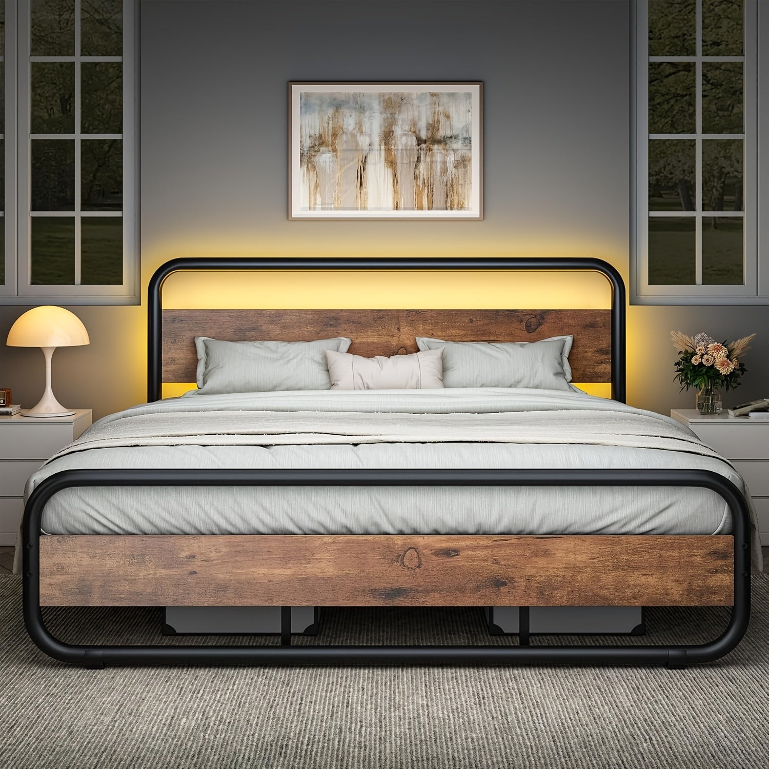 Twin Full Queen King Size Black/Brown/Grey/White Bed Frame with Wood Headboard