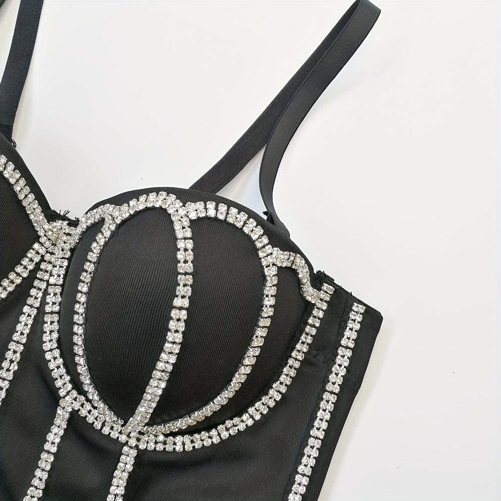 #8185 French Design Sleeveless Vest, Niche Shaping Underwear for Women, Fishbone Top with Studs and Shiny Rhinestones, Women'S Group Tightening Wrap Chest