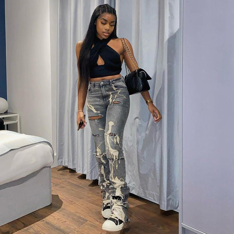 High-Waist Ripped Jeans