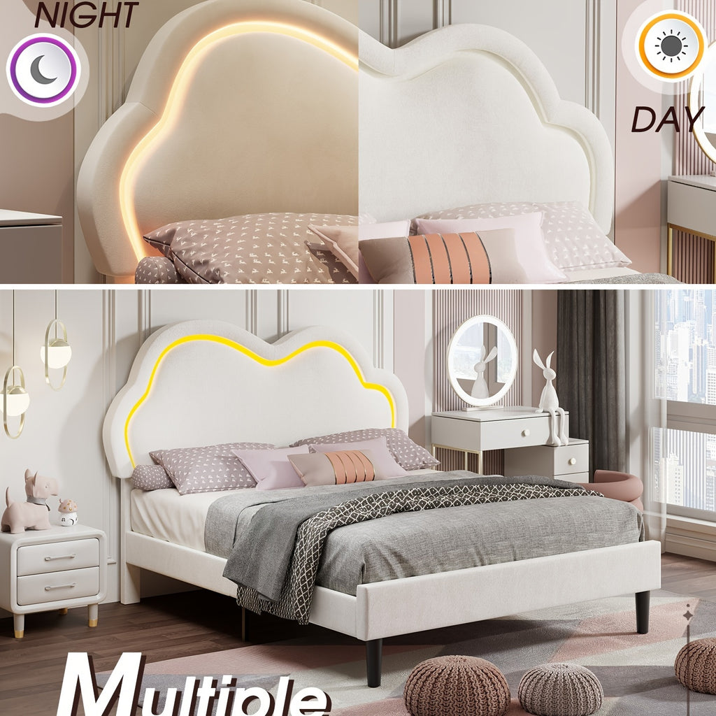 LUXOAK LED-Illuminated Twin Bed Frame with Velvet Cloud Headboard, Pink Platform Design - Easy DIY Assembly, Under-Bed Storage, Modern Hardwood Construction, Box Spring Optional