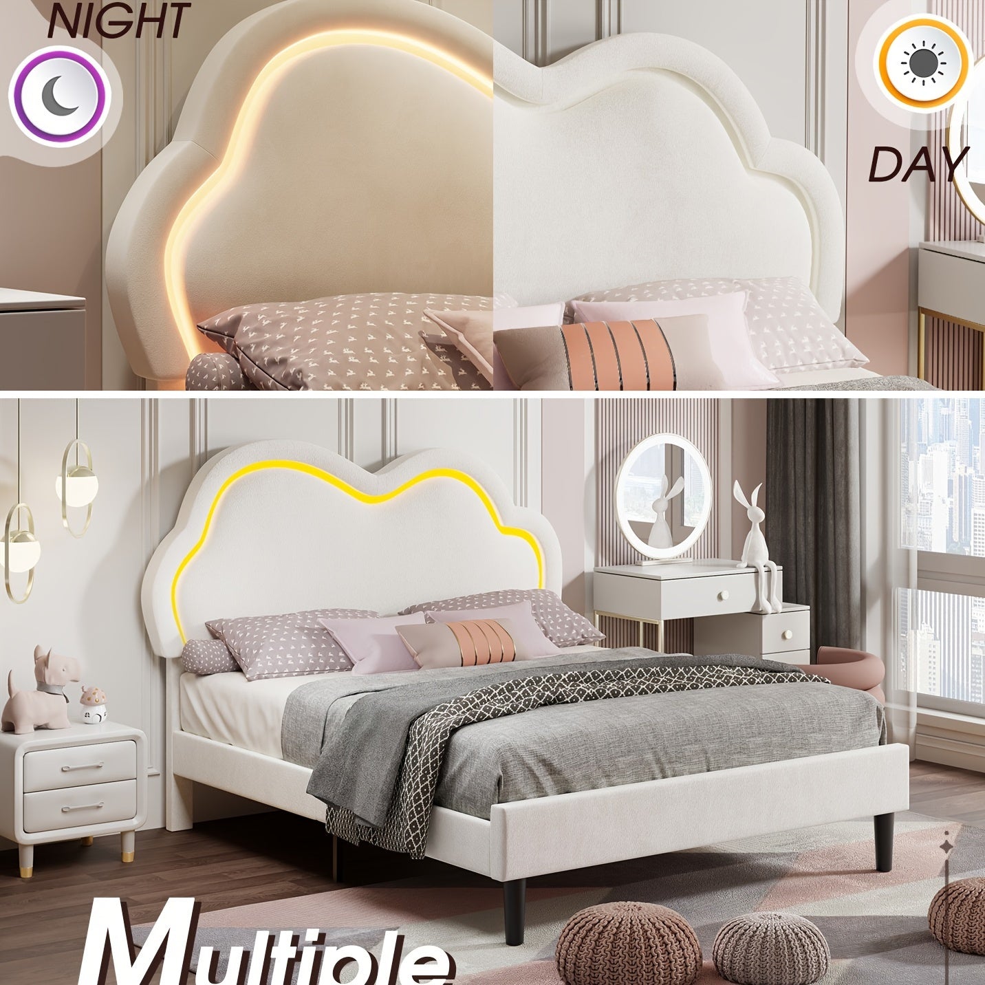 LUXOAK LED-Illuminated Twin Bed Frame with Velvet Cloud Headboard, Pink Platform Design - Easy DIY Assembly, Under-Bed Storage, Modern Hardwood Construction, Box Spring Optional