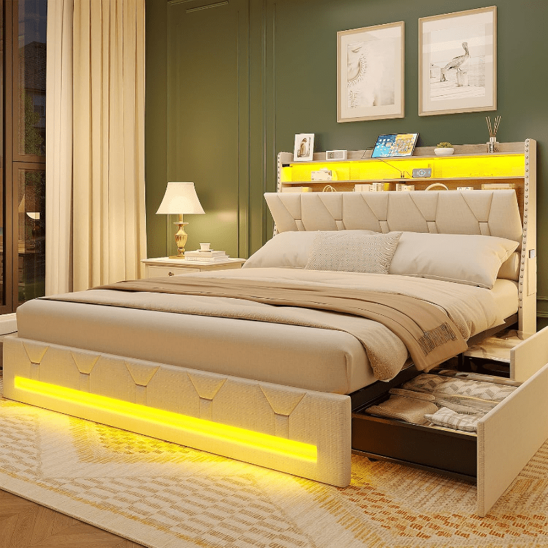 Bed Frame with Storage Drawers, Upholstered Platform Bed Frame Including Headboard, Charging Station & LED Lights, No Box Spring Required, Beige Color