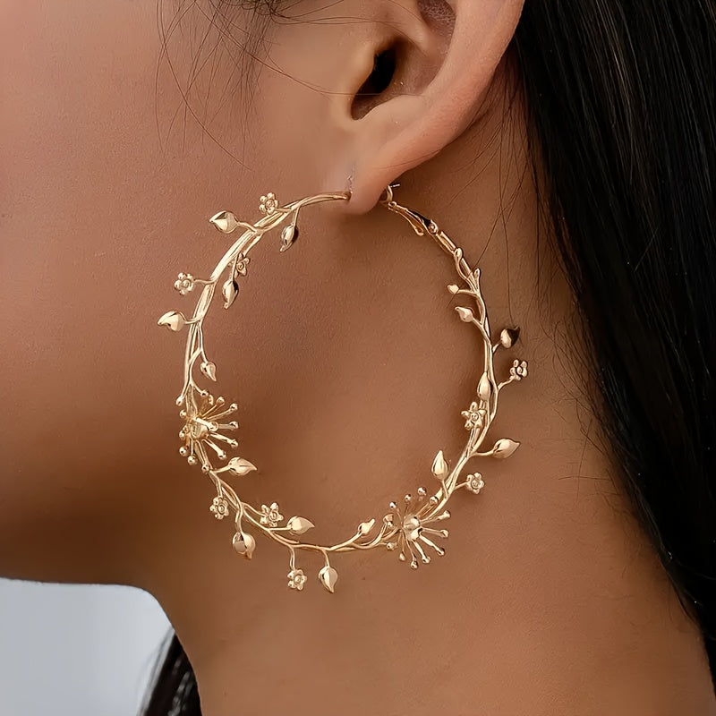 Boho-Chic Golden-Tone Floral Hoop Earrings