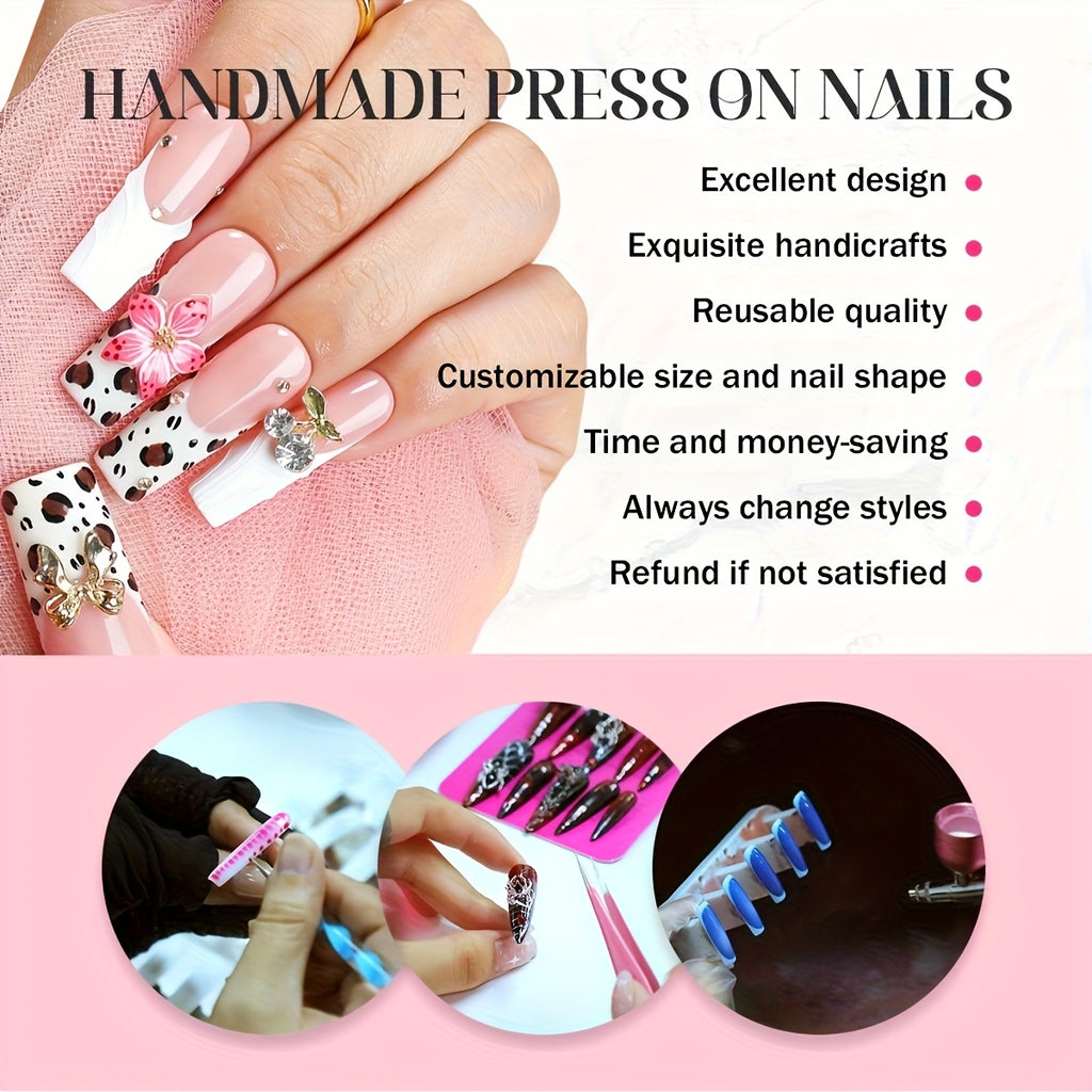 10pcs Handmade Magnetic Press-On Nails with Floating, Rhinestones & Heart/Clover/Bow/Pink Bow & Rabbit Cutouts