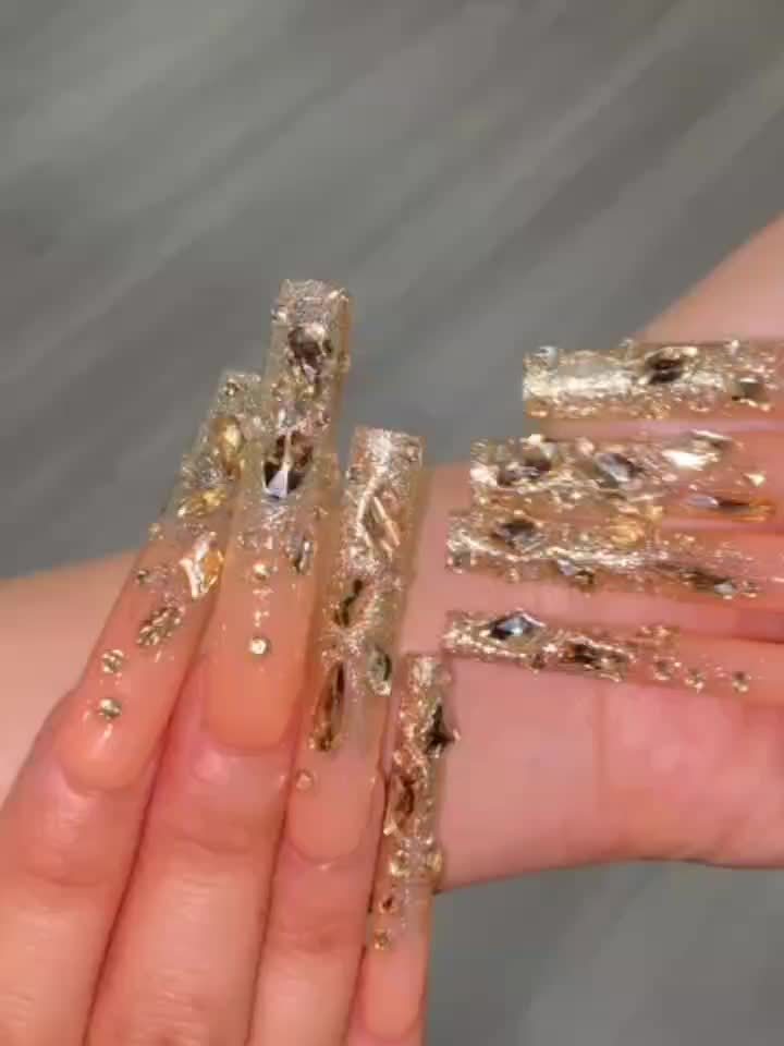 {10pcs} Handmade Champagne Golden Full-Coverage Rhinestone Extra-Long Press-On Nails