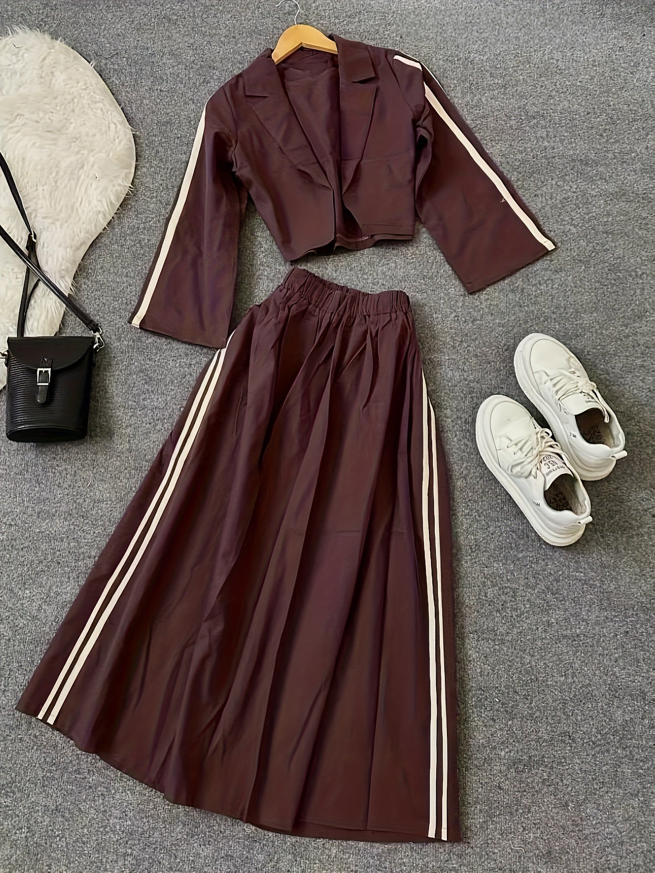 {2pcs} Burgundy & White Pinstripe Wide-Leg Pants & Blazer Jacket, Structured A-Line Dress Pants Outfit