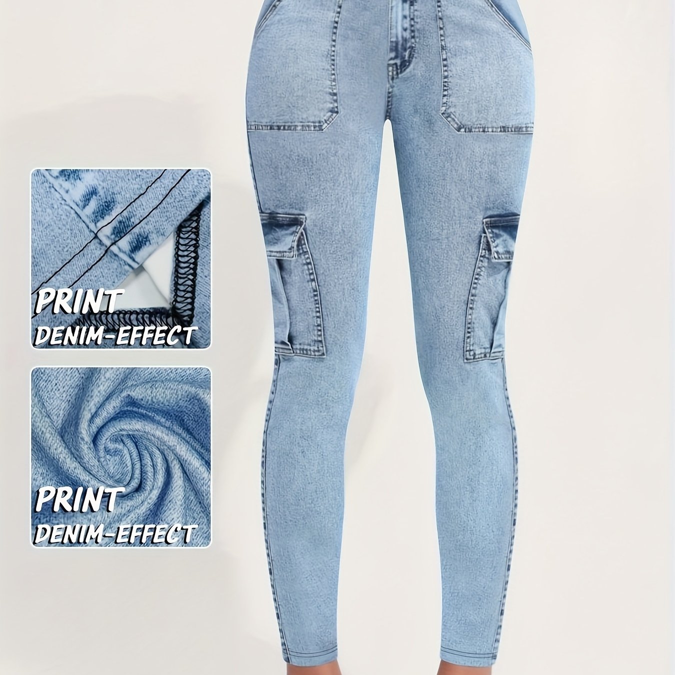 Long Leggings Printed with Faux Denim And Featuring Pocket Designs