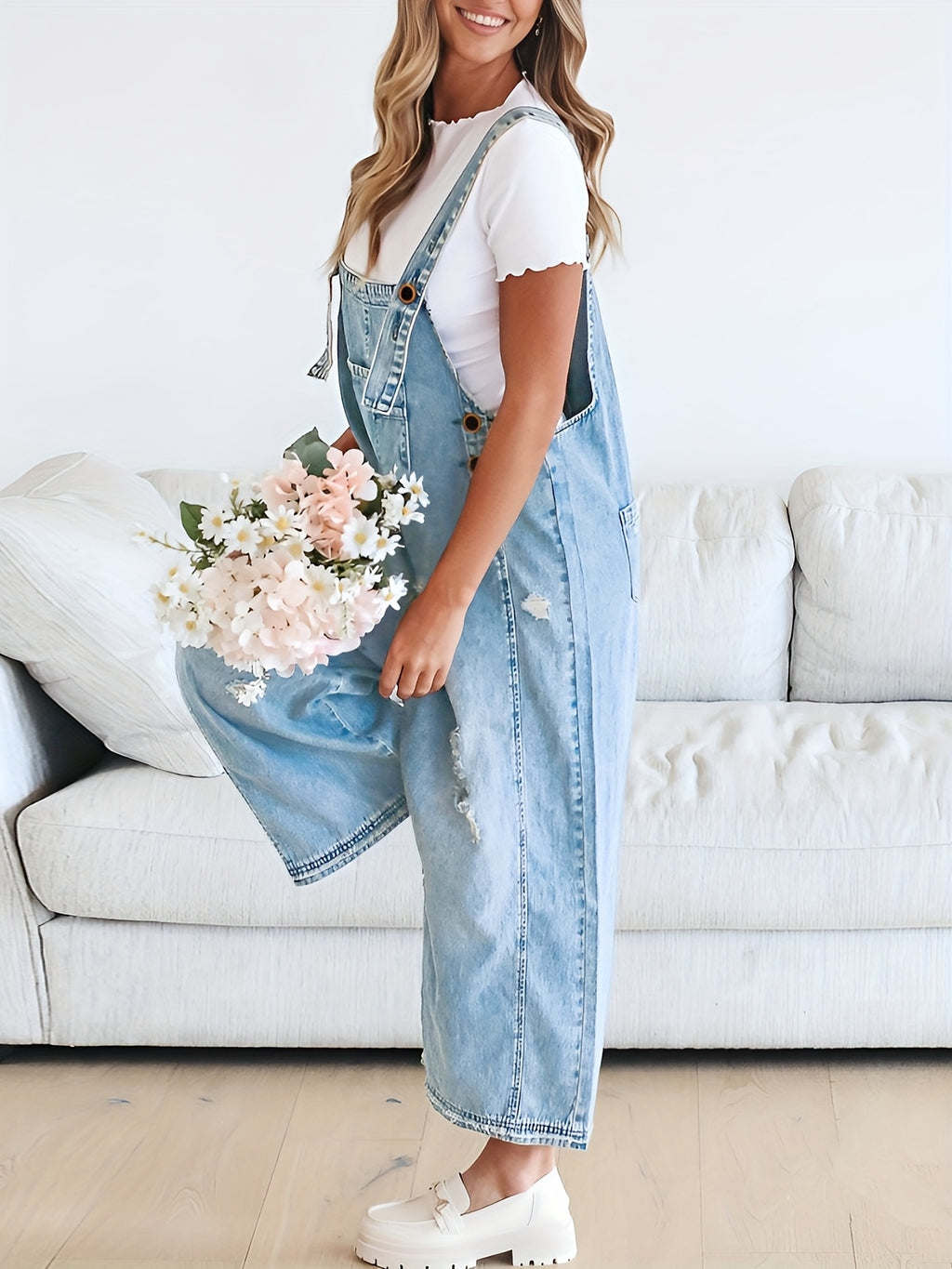 Distressed Denim Overalls