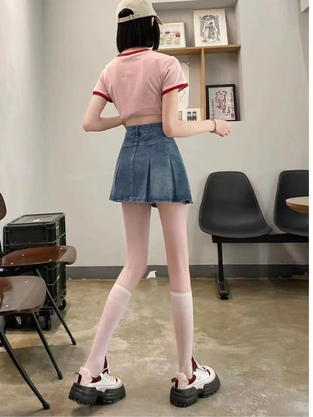 Ruffle Pocket Denim Pleated Mini Skirt