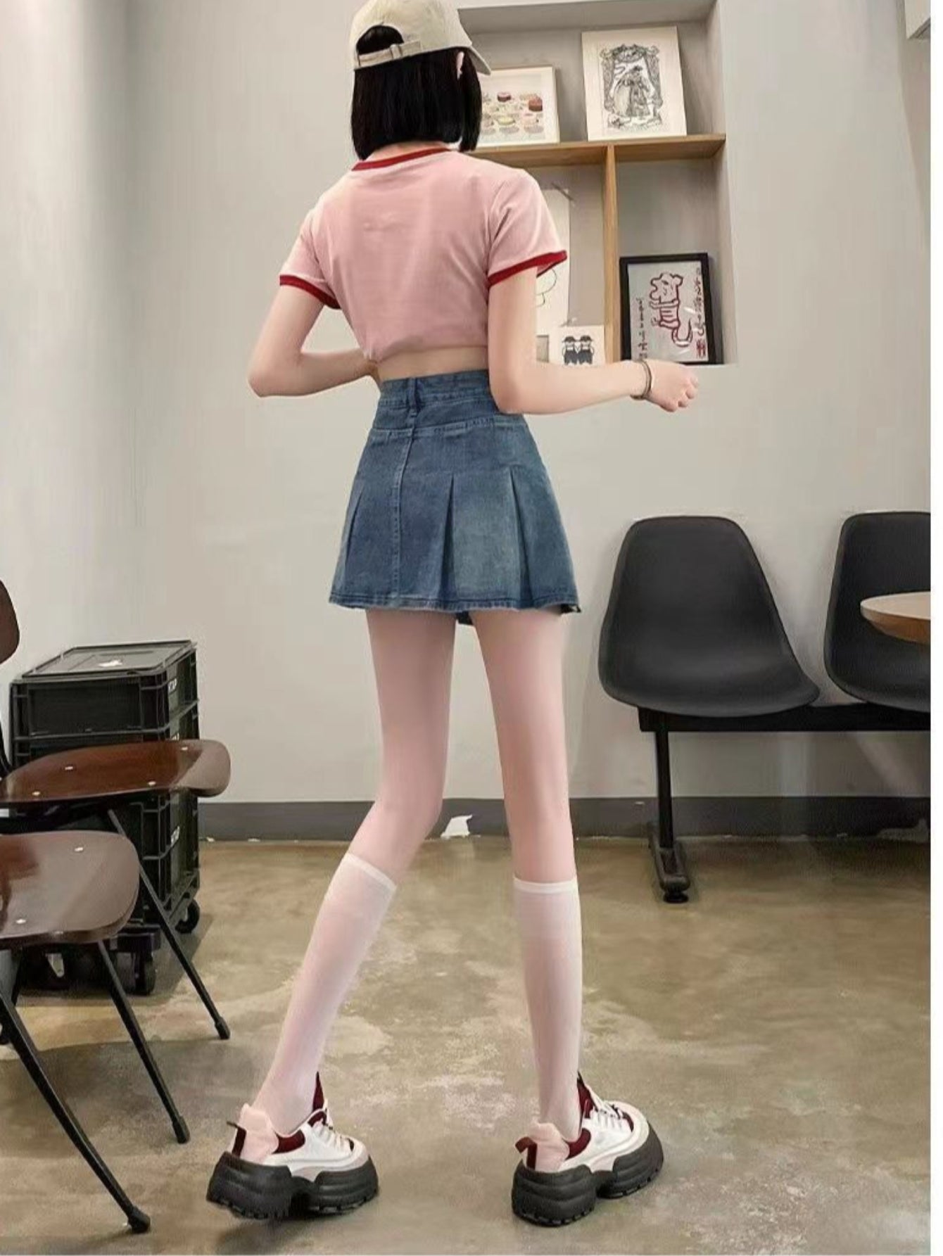 Ruffle Pocket Denim Pleated Mini Skirt