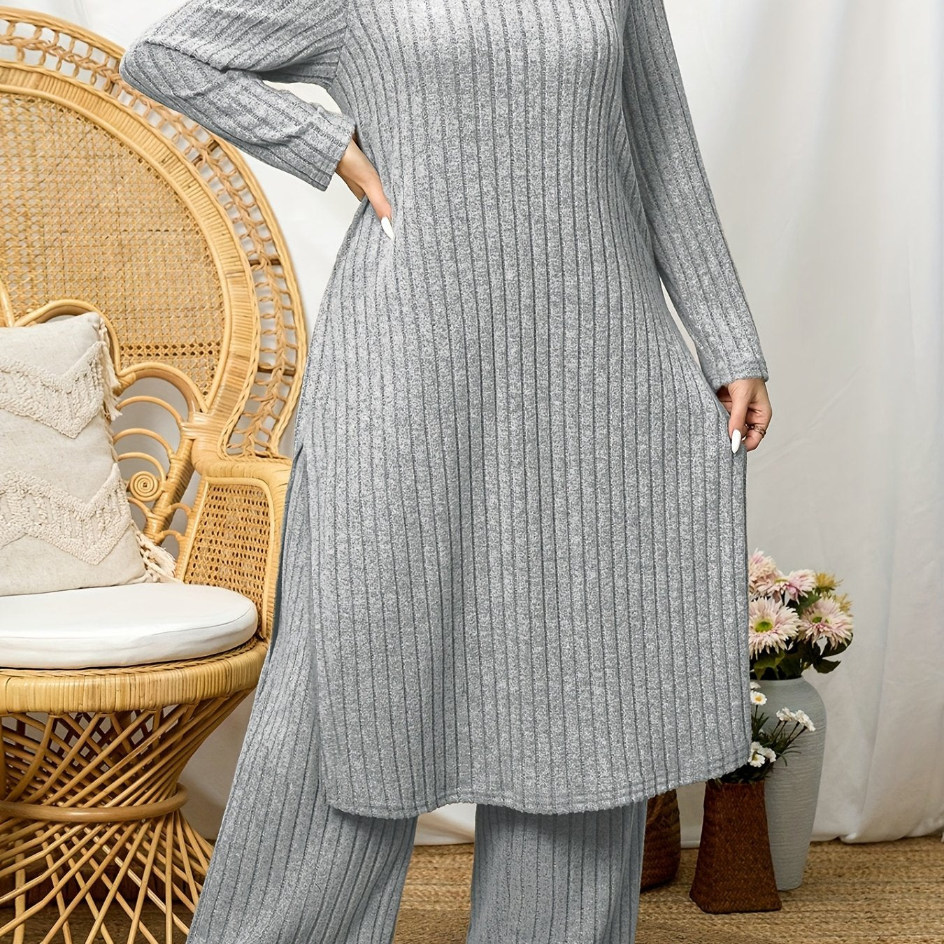 High Neck Ribbed Top + Pants Casual Set