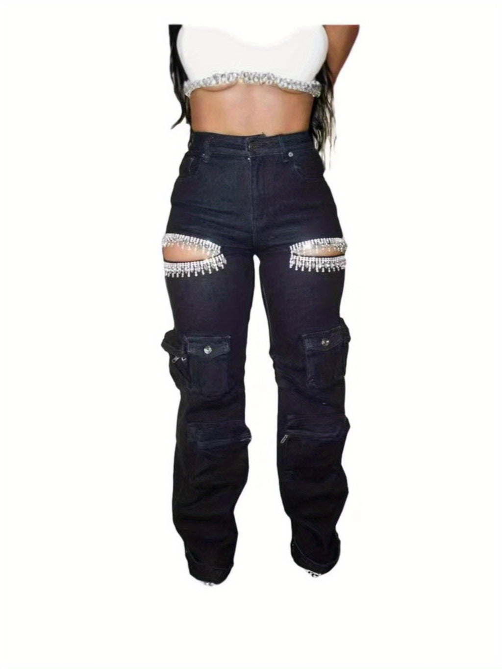 Slim-Fit Overalls Jeans with Hollow Diamond Embellishments & Multiple Pockets