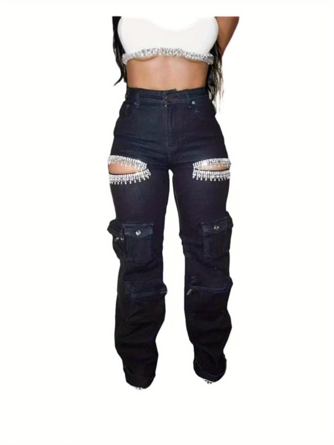 Slim-Fit Overalls Jeans with Hollow Diamond Embellishments & Multiple Pockets