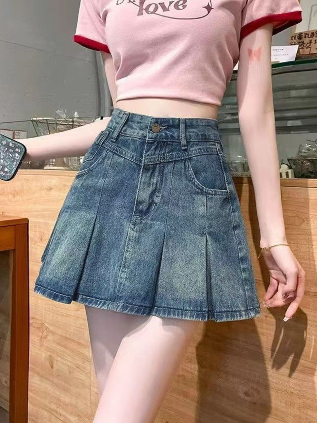 Ruffle Pocket Denim Pleated Mini Skirt