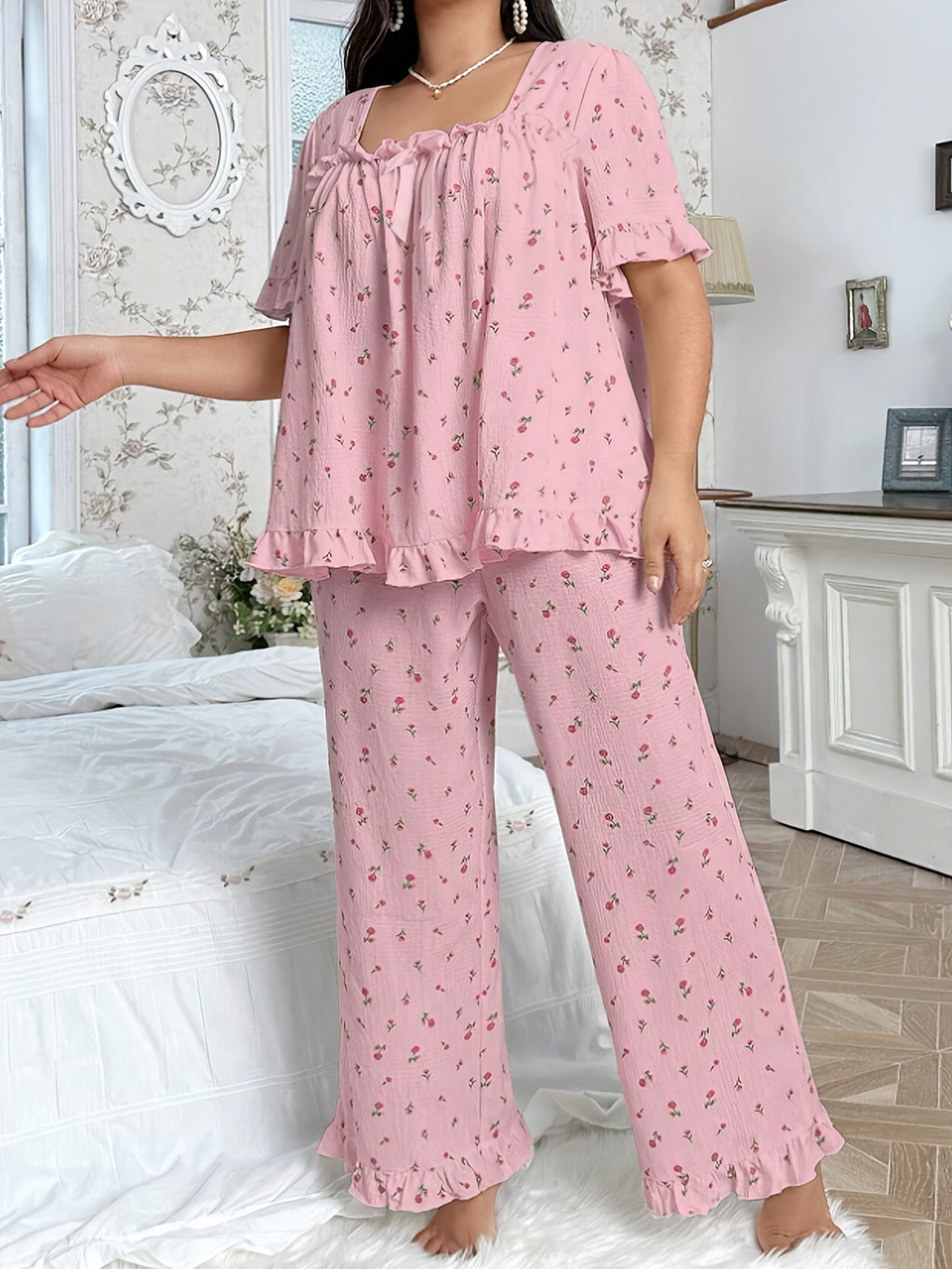 Casual Loose Floral Print Square Neck Bow Decor Pleated Hem Ruffle Edge Short Sleeve Top Set