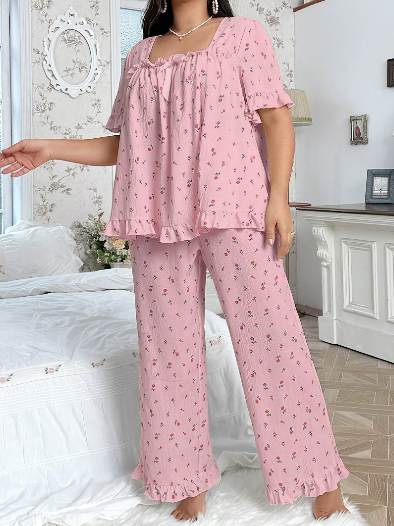 Casual Loose Floral Print Square Neck Bow Decor Pleated Hem Ruffle Edge Short Sleeve Top Set