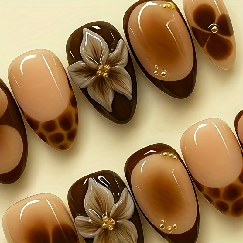 {10pcs} Beige/Brown Handmade Press-On Nails Full Set