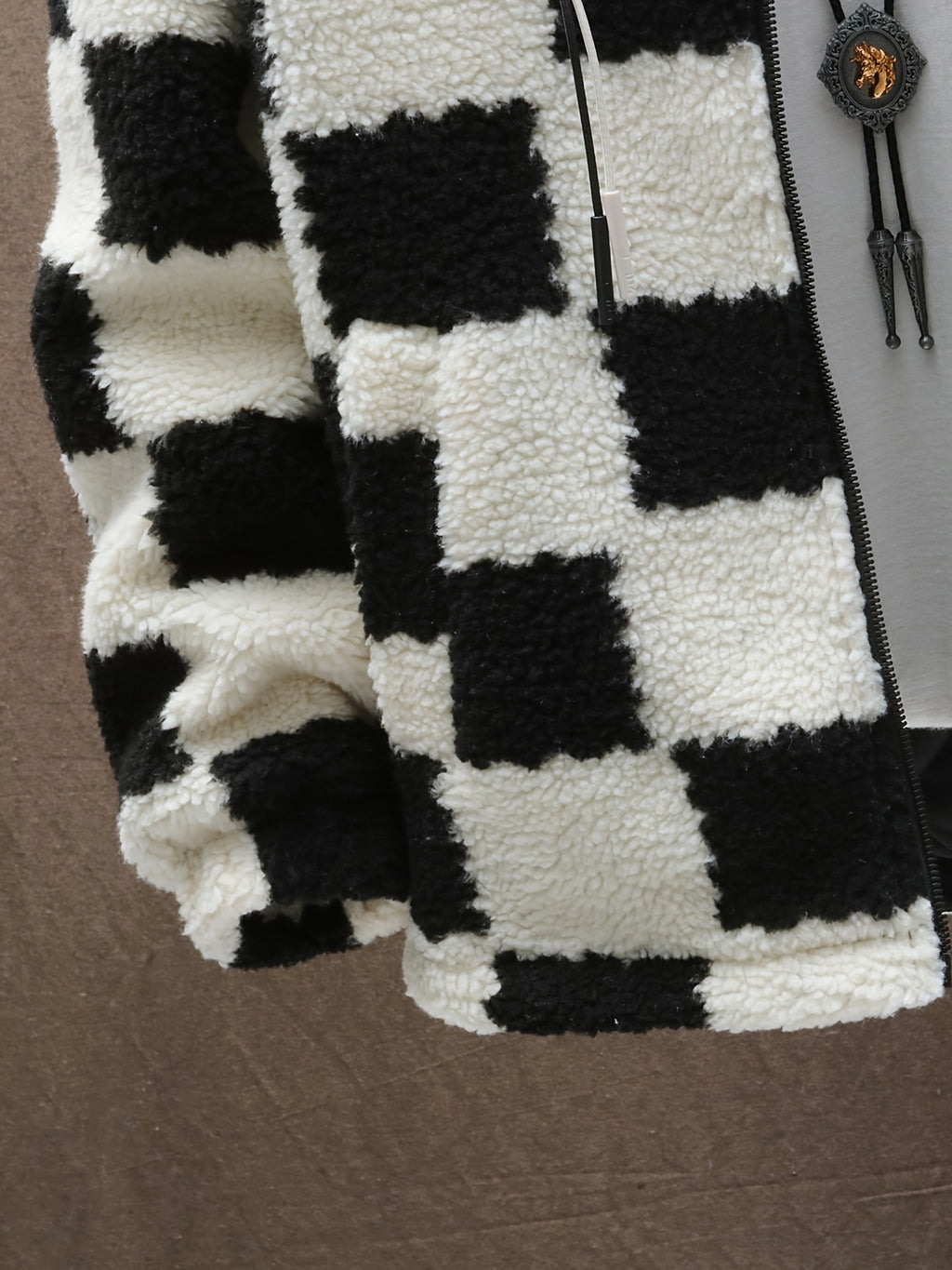 Blue & White Plush Checkered Winter Coat