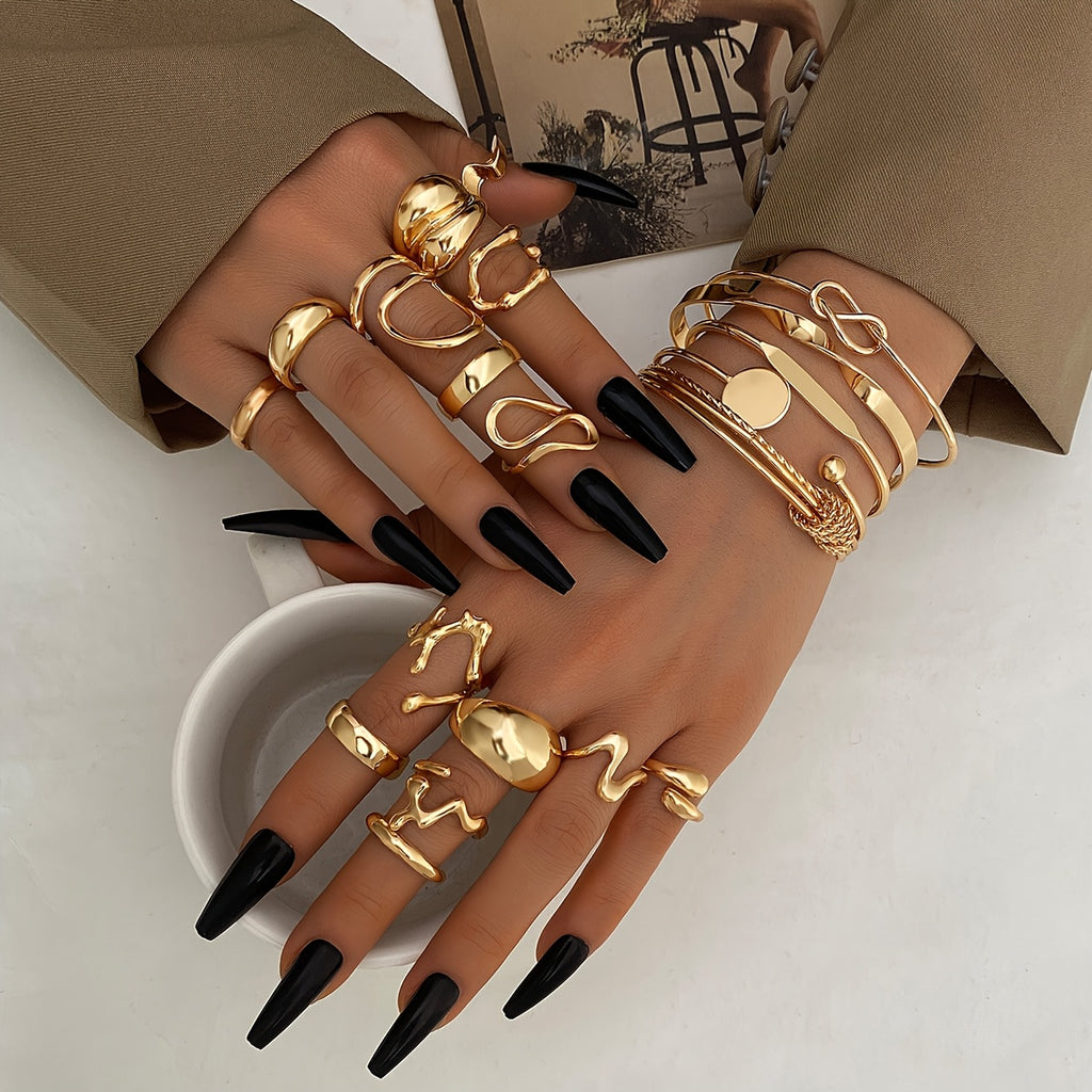 20pcs Set (5 Bracelets + 15 Rings) Jewelry Kit with Irregular Shaped Rings and Stylish Open-End Bracelets