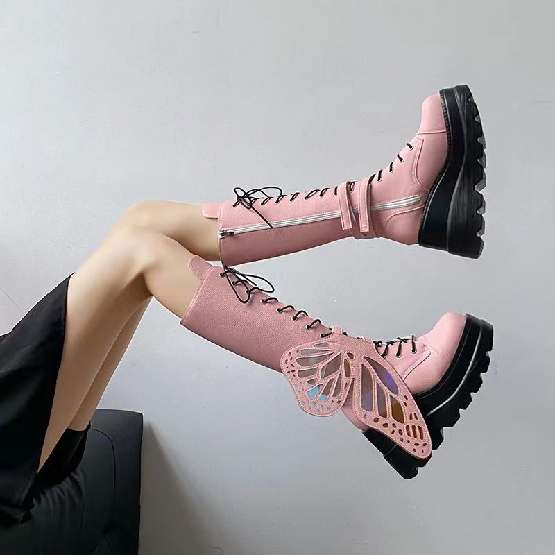 Punk Gothic Chunky Platform Boots with Butterfly Lace-Up Ankle & Calf Straps