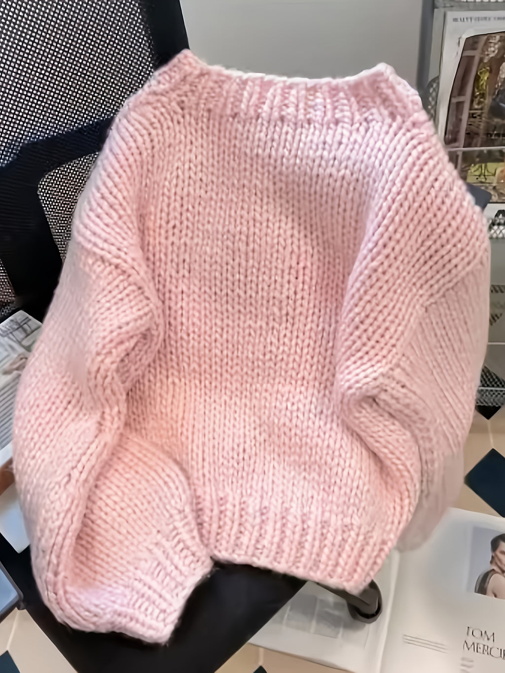 Soft Pastel Pink Sweater with Cute Sheep, Round Neck Loose Fit Pullover