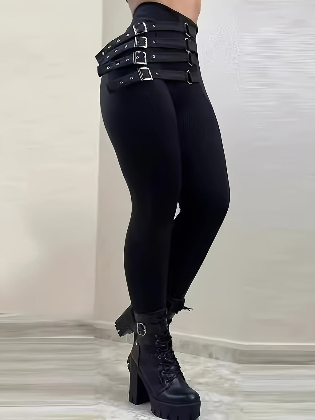 1pc Women'S Sexy Polyester Leggings with Fashion Belt, Solid Color Stretchy Knit Pants for All Seasons, Adult Fit