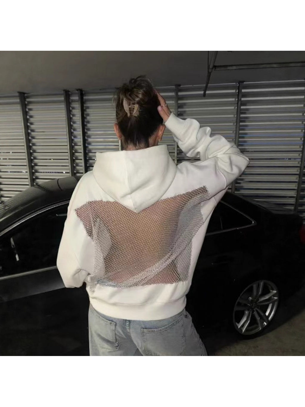 Semi-Sheer Mesh Hooded Sweatshirt