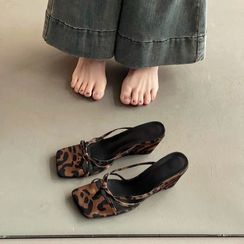 Leopard Print Wedge Heel Slippers