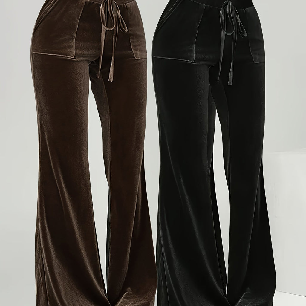 High-Waisted Drawstring Pocket Design Fleece Casual Flared Trousers Two-Piece Set