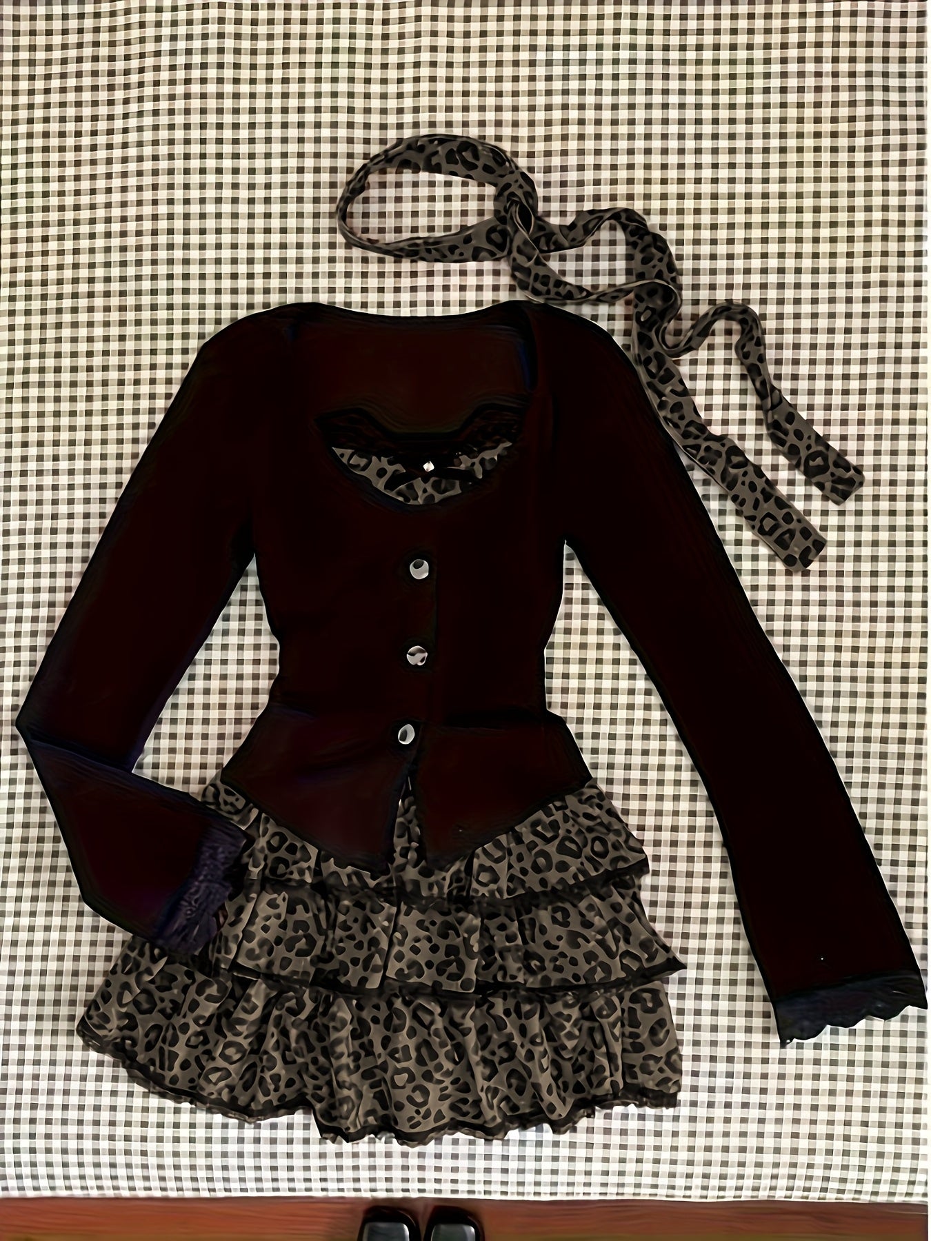 Leopard Print - Two-Piece Set: Crop Top + High-Waisted Flared Skirt - Sexy Mini Dress with Faux Two-Tone Design