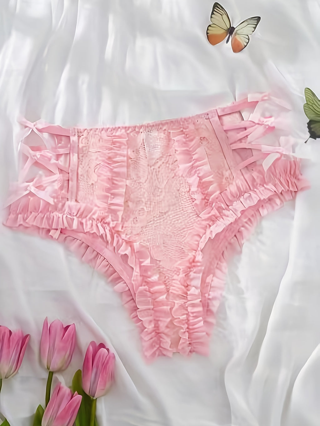 Lace Mesh Patchwork Ruffled Flounce Bow Fashion Underwear