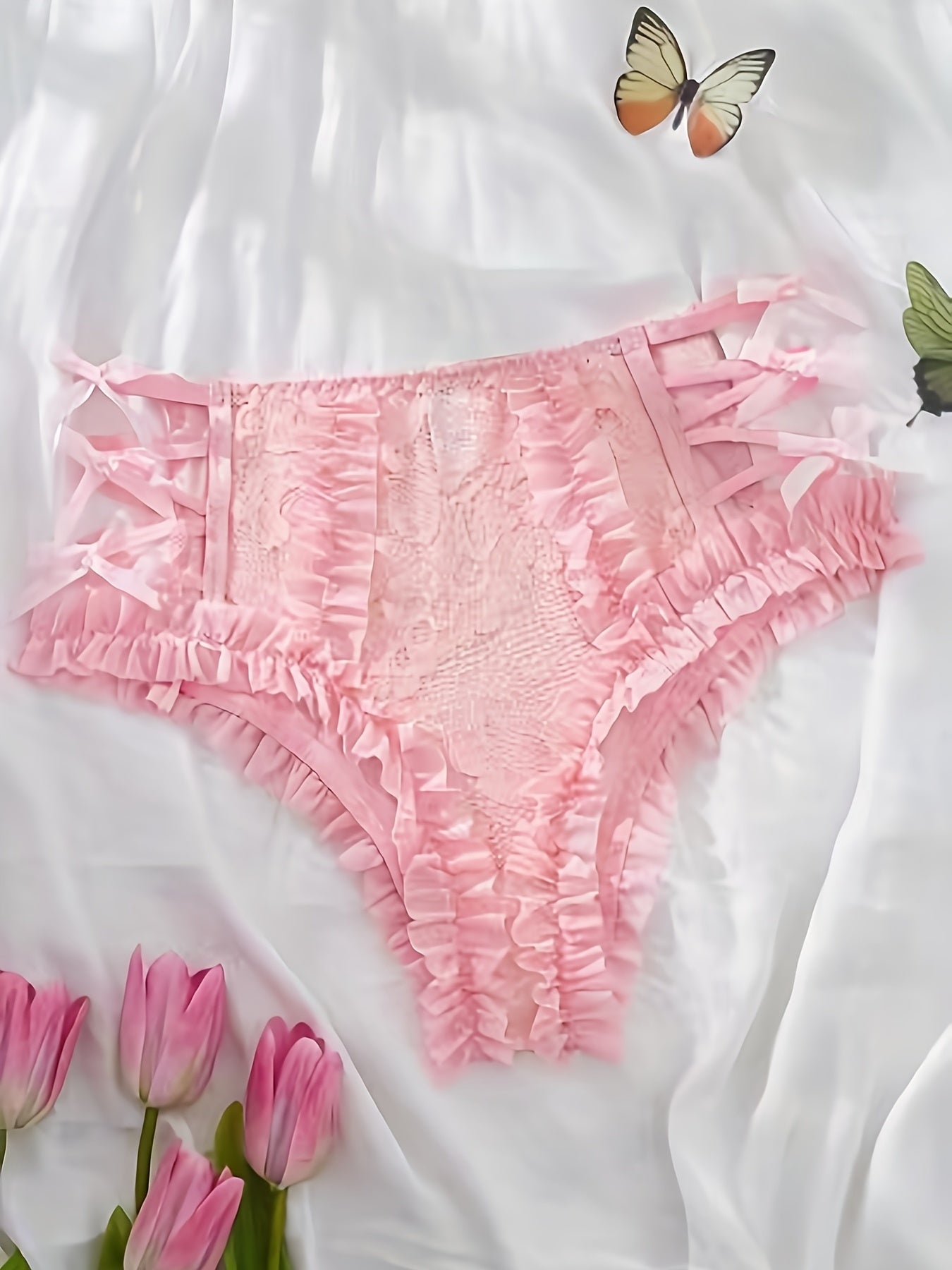 Lace Mesh Patchwork Ruffled Flounce Bow Fashion Underwear