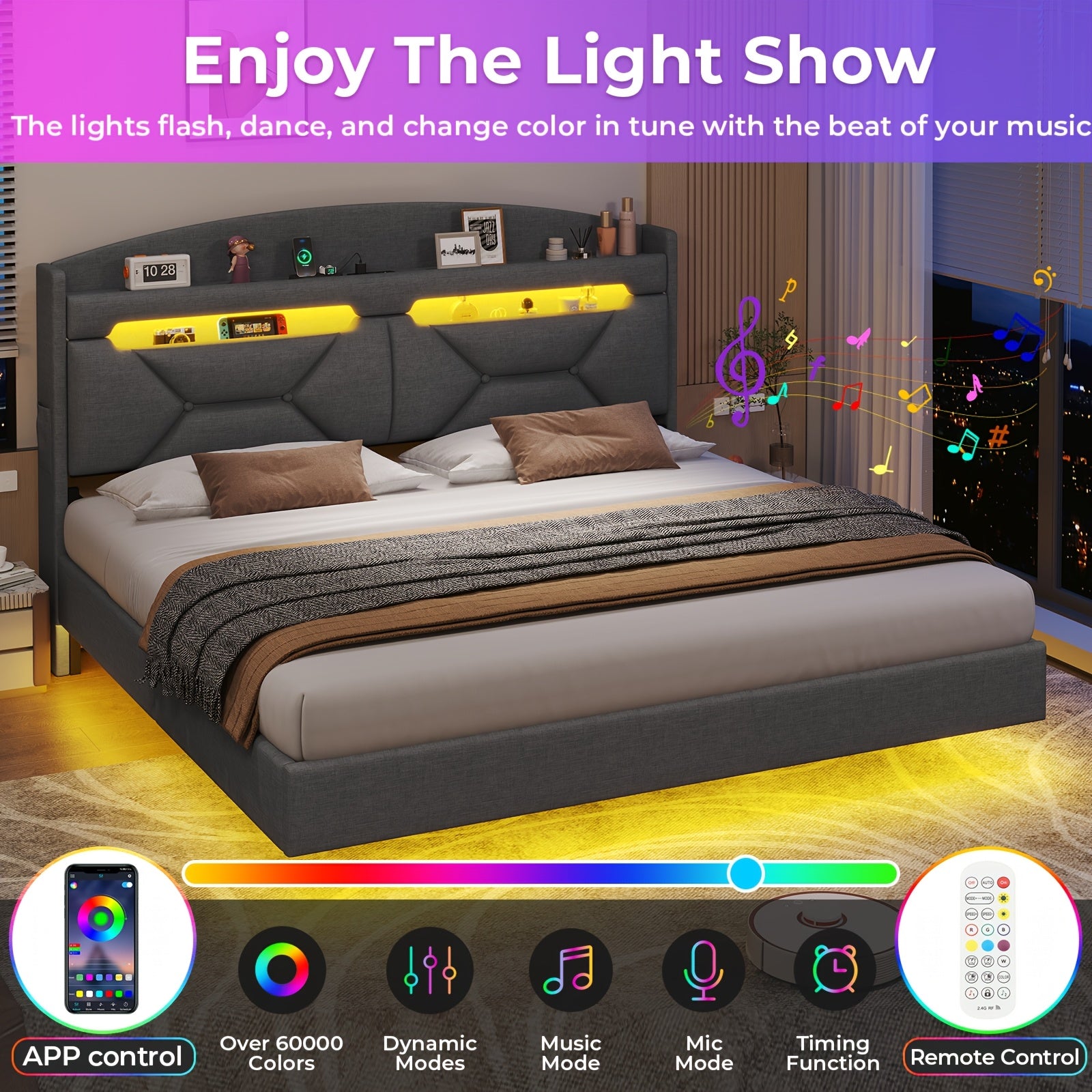 LED Bed Frame with USB Charging Station, Remote Control Floor Mounted Platform Bed with Storage Headboard