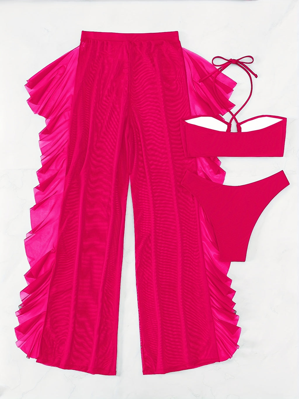 Semi-Sheer Ruched Crisscross Strap Mesh Panty Bikini Set