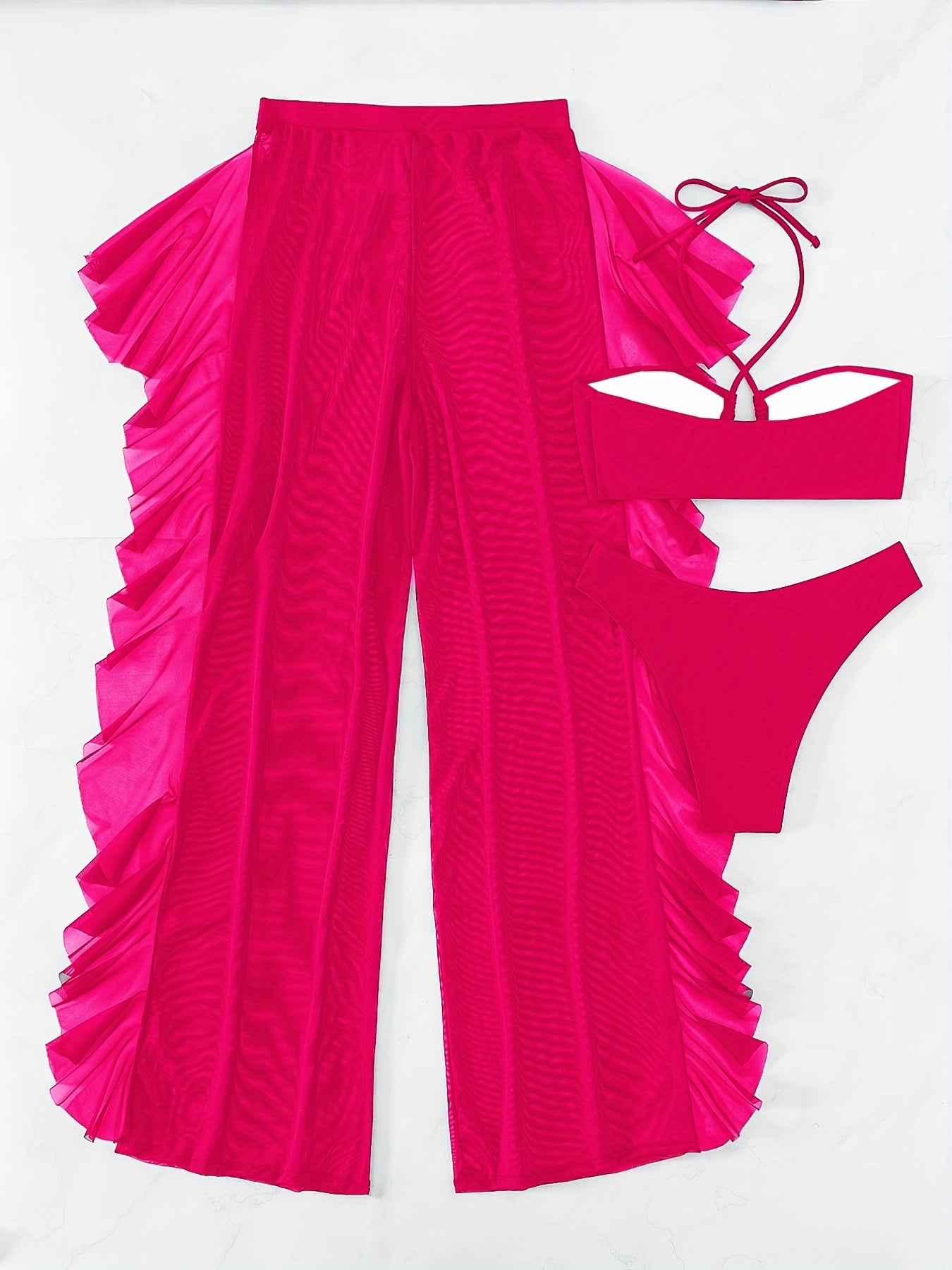 Semi-Sheer Ruched Crisscross Strap Mesh Panty Bikini Set