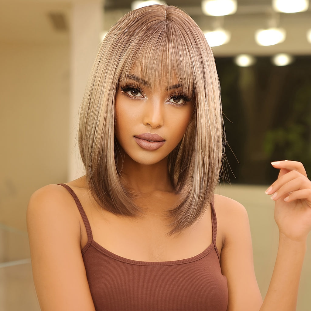 Elegant 14 inch Gray Ombre Brown Bob Wig
