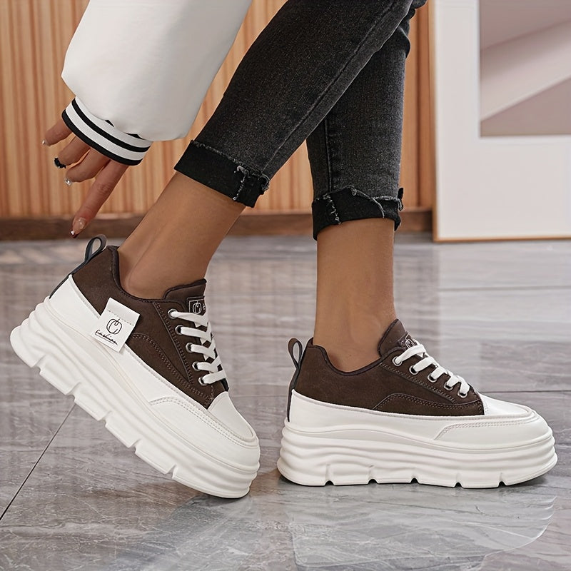 Women's Low-Top Lace-Up Sneakers - Beige/ White Faux Cover-like Synthetic Cover Arch Moccasin-Style Shoes with EVA Cushioned PVC Sole, Minimalist White Laces & Beige Traction Tread - All-Season Casual, Office, Gym, Walking Sh