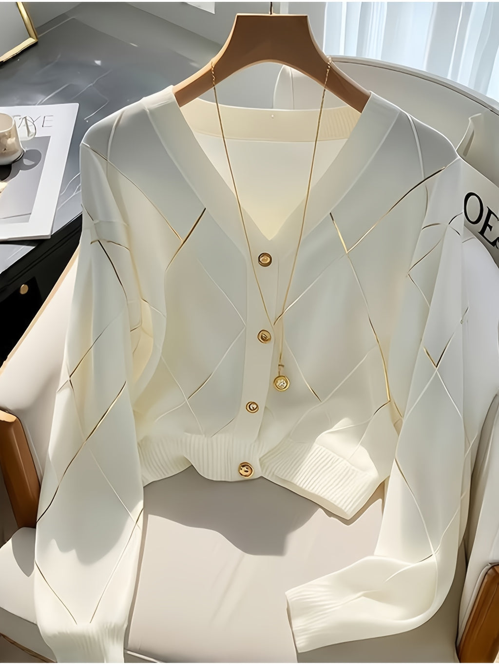 Diamond-Patterned Knitted Long-Sleeve Shirt