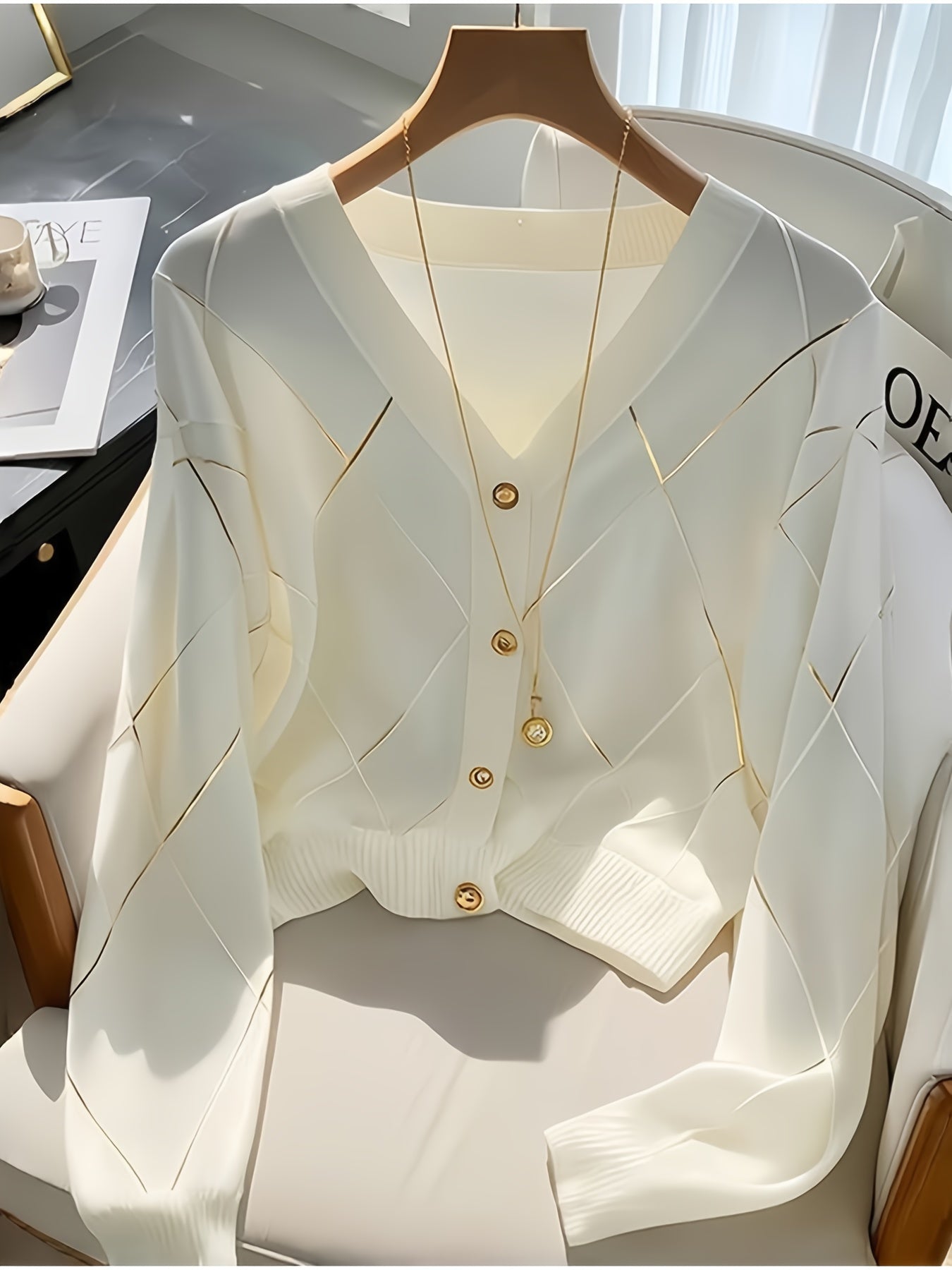 Diamond-Patterned Knitted Long-Sleeve Shirt