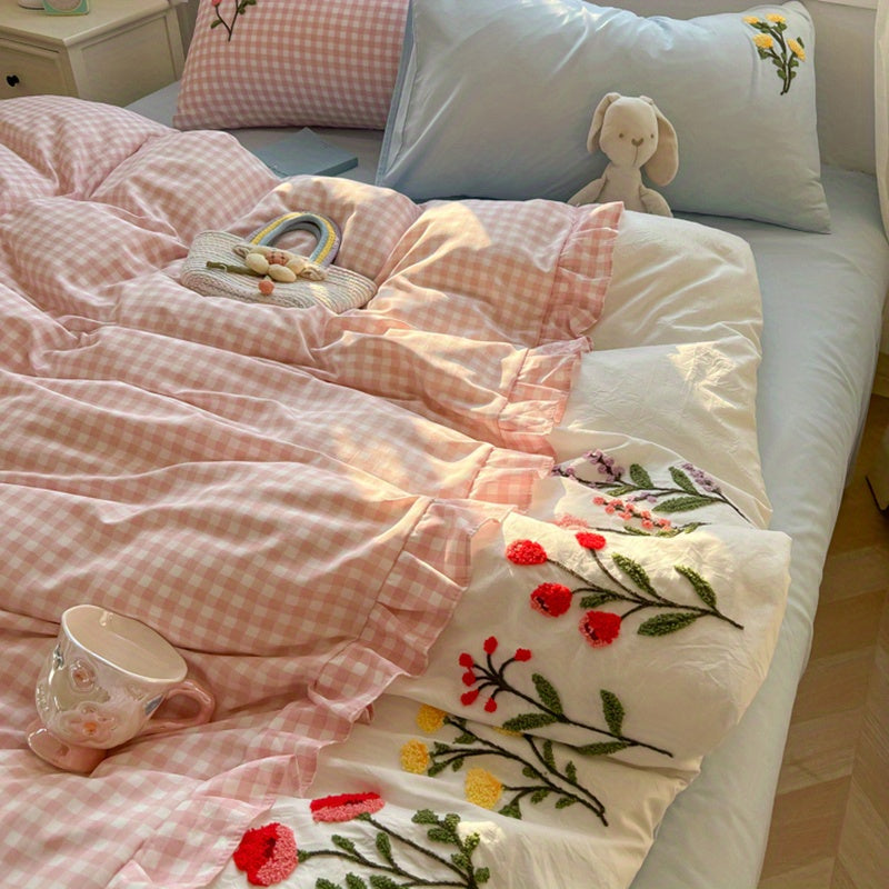 Pink Checkered + 3D Floral Embroidery Duvet Cover Set (1 Duvet Cover + 2 Pillowcases)