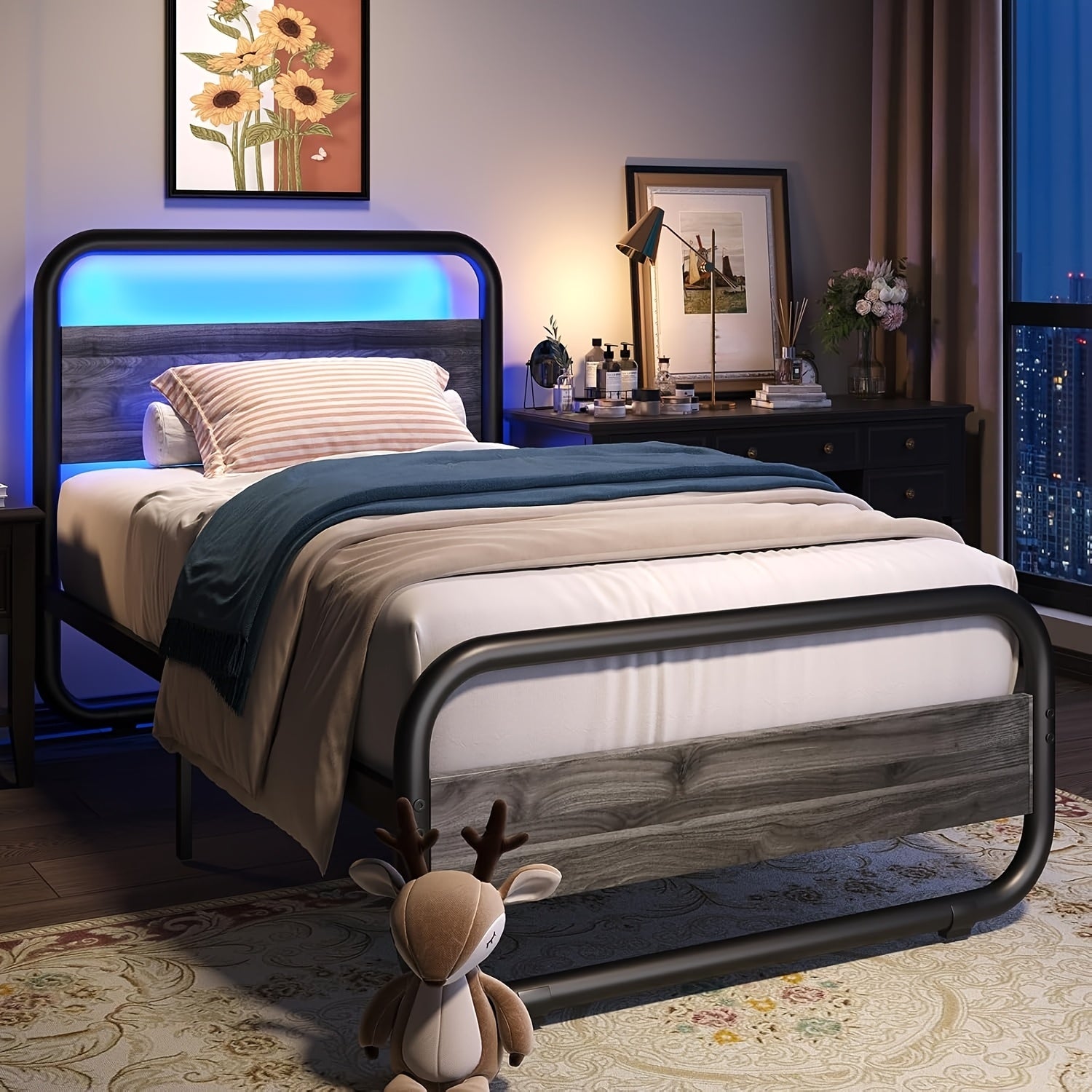 Twin Full Queen King Size Black/Brown/Grey/White Bed Frame with Wood Headboard