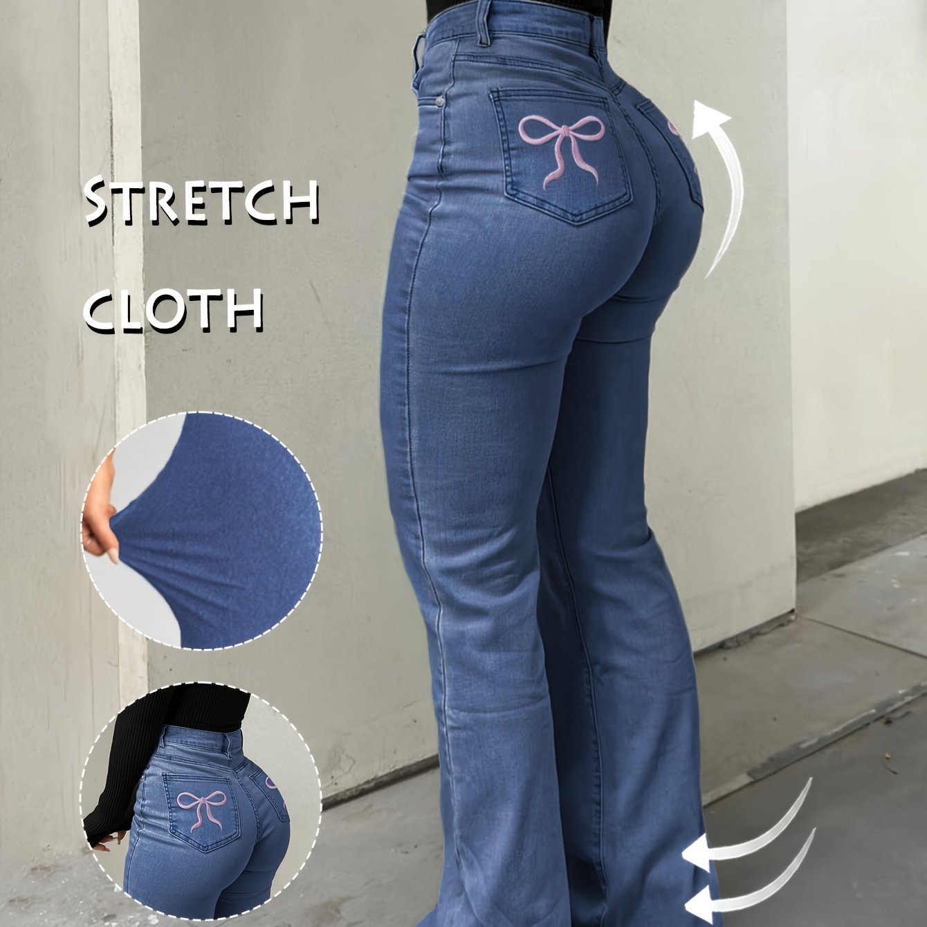 Women'S High-Waisted Stretch Denim Flare Jeans with Embroidered Bow Detail, Street Style Casual Pants, All-Season Comfort, Blue, High Waisted Jeans, Comfortable Fashion, Durable Fabric