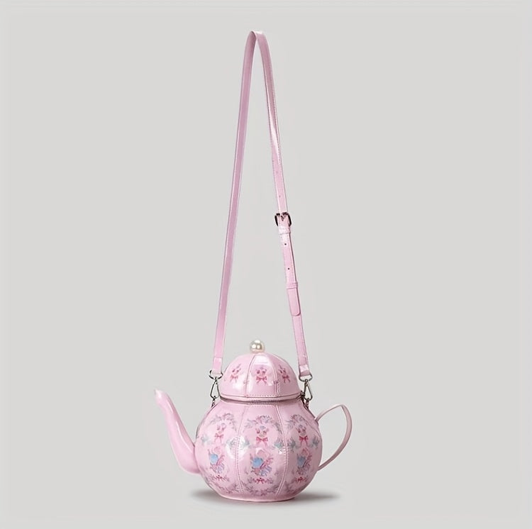 Pink Floral Tea Society Handbag for Women - Chic Designer Handbag with Pearl Strap, Adjustable & Stylish, Polyester Lined, Zip Closure, Perfect for Everyday Use Or Special Occasion